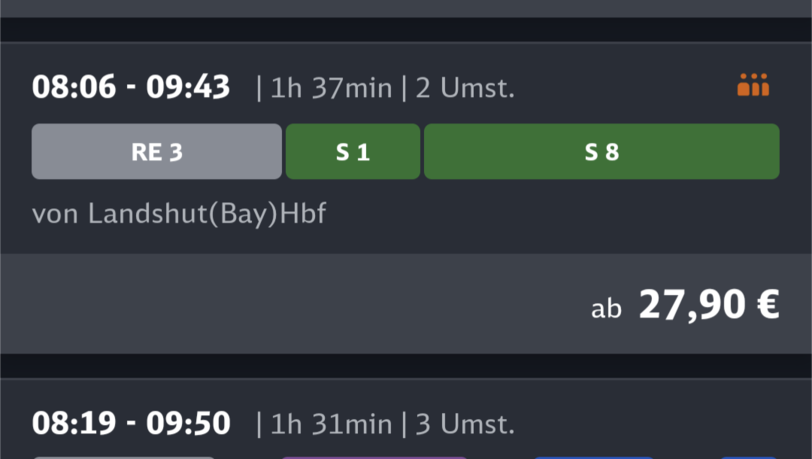 Als Beispiel eine morgendliche Route am 2. Dezember von Landshut aus zum Hauptbahnhof in München.