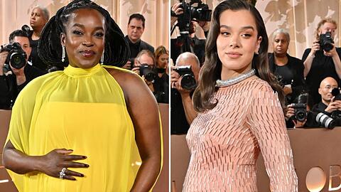 Wunmi Mosaku (l.) und Hailee Steinfeld pr&auml;sentieren bei den Golden Globes stolz ihre Babyb&auml;uche und zeigten sich in stylischer Umstandsmode.