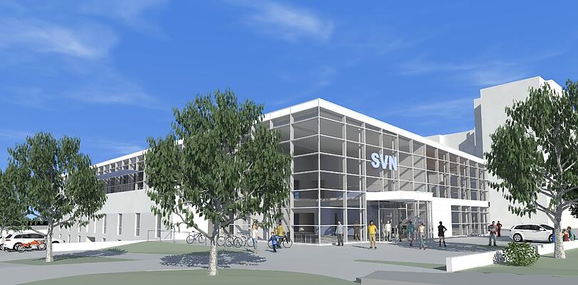 Die Fassade soll viel Licht in die neue Sporthalle lassen. Sie besteht zum großen Teil aus Glas in einer Pfosten-Riegel-Konstruktion.