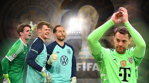 Die Torwartfrage ist entschieden: Manuel Neuer (r.) geht als Nummer eins in die WM, auch Jonas Urbig (v.l.) Alexander N&uuml;bel und Oliver Baumann fliegen mit.