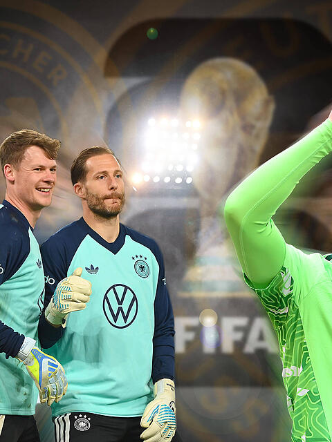 Die Torwartfrage ist entschieden: Manuel Neuer (r.) geht als Nummer eins in die WM, auch Jonas Urbig (v.l.) Alexander N&uuml;bel und Oliver Baumann fliegen mit.