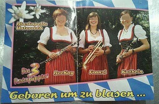 "Geboren um zu blasen": Ein anzügliche Flyer einer schwäbischen Blaskapelle sorgt  für reichlich Aufsehen. Die "Powerpüppies" streiten jeden anzüglichen Zusammenhang ab.