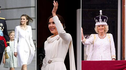 Bei den Krönungen ihrer Ehemänner wurden sie Königinnen (v.l.): Letizia, Mary und Camilla - alle zeigten sich in weißen Kleidern am Tag des Thronwechsels.