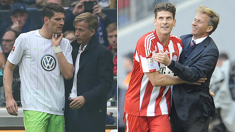 Trainer Andries Jonker und Mario Gomez im April 2017 als Duo beim VfL Wolfsburg - und im April 2011 als Duo beim FC Bayern (rechts).