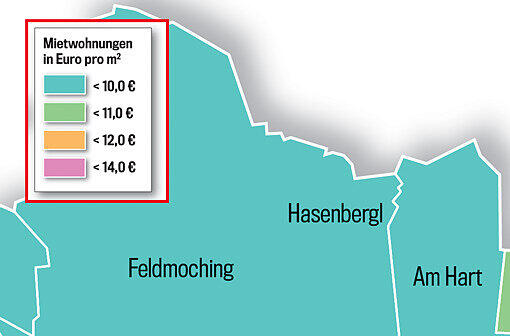 So teuer ist Wohnen in München! Die Münchner Stadtviertel sind in dieser Grafik je nach Quadratmeterpreis eingefärbt. Klicken Sie einfach durch die Quartiere.