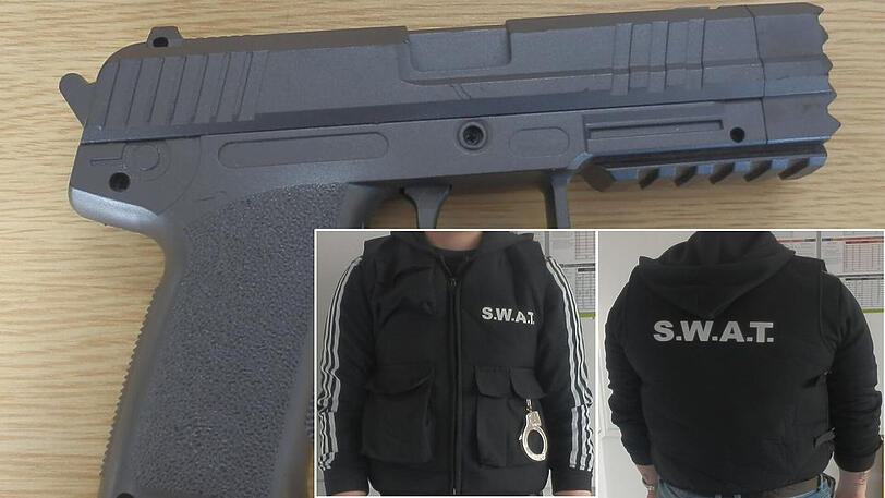 Der vermeintliche "SWAT"-Polizist entpuppte sich als Faschingsgänger. Die Polizei warnt vor der allzu offensichtlichen Zurschaustellung solcher Anscheinswaffen.
