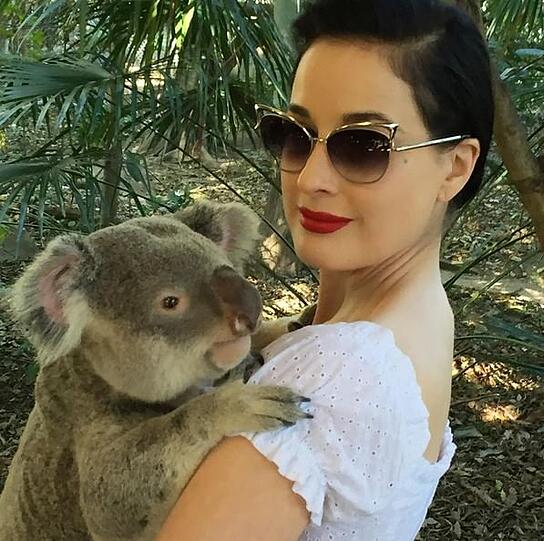Dita von Teese kuschelt mit einem Koala.