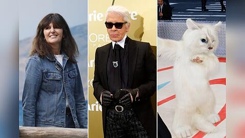 Virginie Viard (l.) und ein als Choupette verkleideter Jared Leto (r.) lassen Karl Lagerfeld weiterleben.