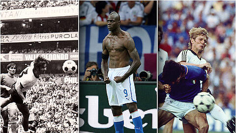 Jahrhundertspiel (l.), Balotelli-Schreck (m.) oder die deutsche Niederlage im WM-Finale 1982 (r.). Klicken Sie sich in der Bilderstrecke durch die Turnier-Duelle zwischen Deutschland und Italien.