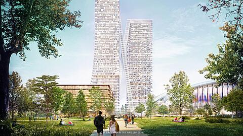 Das Neue an den Turm-Plänen an der Paketposthalle: schräg angestelzte Aufzugsanlagen von ganz unten nach ganz oben.