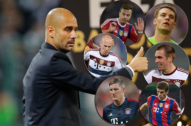 Nominiert für die Fifa-Auszeichnung Ballon d'Or: Pep Guardiola (l.) und sechs seiner FC-Bayern-Schützlinge.