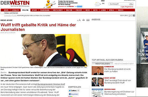 DerWesten.de, das Onlineportal der Westdeutschen Allgemeinen Zeitung, schreibt: "Wulff trifft geballte Kritik und Häme der Journalisten."