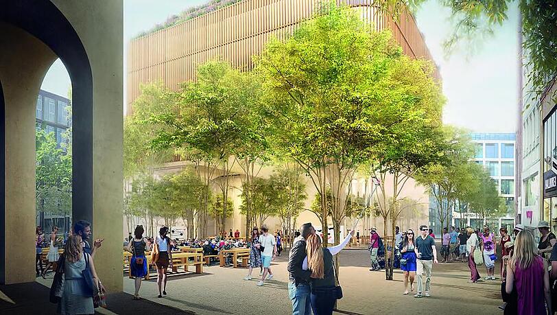 Der Entwurf von Star-Architekt Norman Foster sieht ein spektakuläres Gebäude vor für den heute unattraktiven Platz – außerdem viele Bäume und viele Sitzmöglichkeiten zum Verweilen. Der Entwurf von Star-Architekt Norman Foster sieht ein spektakuläres Gebäude vor für den heute unattraktiven Platz – außerdem viele Bäume und viele Sitzmöglichkeiten zum Verweilen.