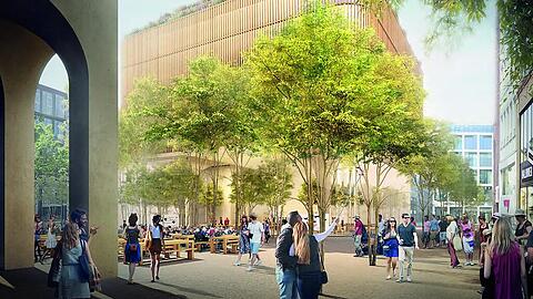 Der Entwurf von Star-Architekt Norman Foster sieht ein spektakul&auml;res Geb&auml;ude vor f&uuml;r den heute unattraktiven Platz &ndash; au&szlig;erdem viele B&auml;ume und viele Sitzm&ouml;glichkeiten zum Verweilen.