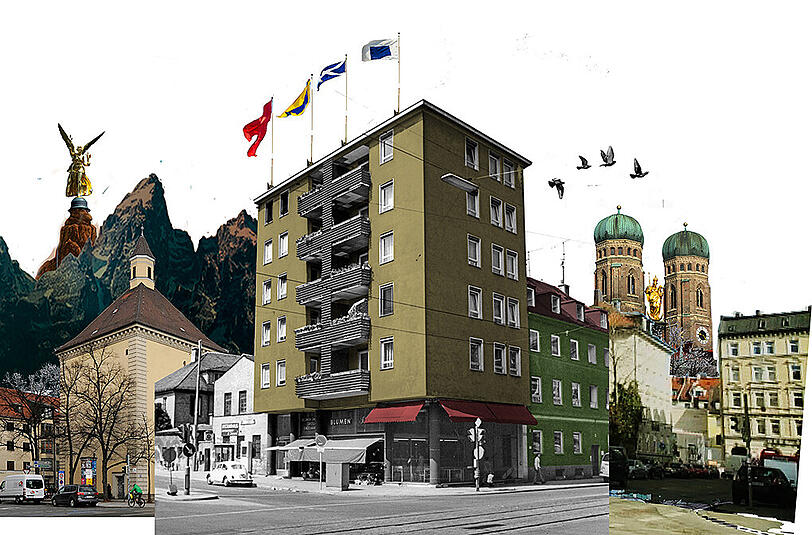 Münchner Mitte: Collage des Bellevue di Monaco.