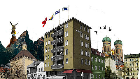 Münchner Mitte: Collage des Bellevue di Monaco.