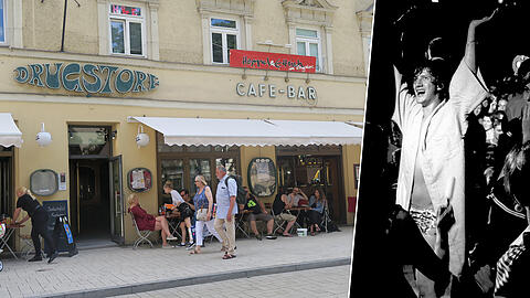 Der wiedereröffnete Drugstore mit seinem berühmten grünen Schriftzug. Rechts: Eröffnungs-Happening der besonderen Art: die legendäre "Gammlerwaschung" &ndash; anno 1967.