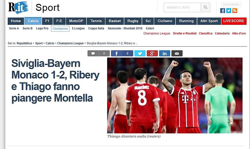 Die italienische "la Repubblica" schreibt: "Ribery und Thiago lassen Bayern weinen.