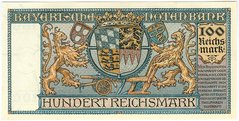 Weiß-blau mit goldenen Löwen: 100 Reichsmark, ausgegeben in Bayern am 30. August 1924.