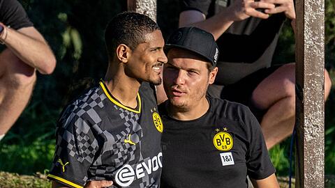 Sébastien Haller (l) spricht mit Trainer Edin Terzic.