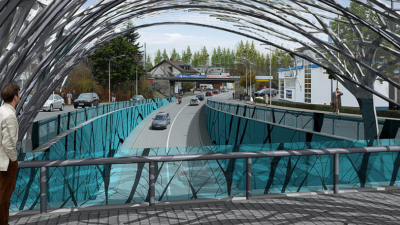 Blick in Richtung Autobahn: Kurz hinter dem McDonald&rsquo;s auf der rechten Straßenseite verschwindet der Tunnel im Untergrund.