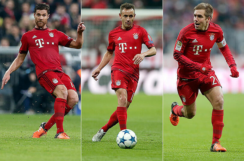 Nicht nur Alaba spielt "falsch", auch Xabi Alonso, Rafinha und Philipp Lahm (v.l.).