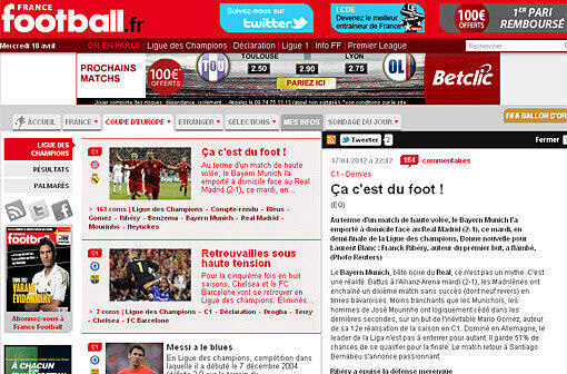 &bdquo;France Football&ldquo; (Frankreich): &bdquo;Das ist Fußball! Bayern München hat sich in einem hochklassigen Spiel daheim im ersten Halbfinale der Champions League gegen Real Madrid mit 2:1 durchgesetzt. Eine gute Nachricht für Laurent Blanc: Franck Ribéry, Schütze des ersten Treffers, hat es lichterloh brennen lassen.&ldquo;
