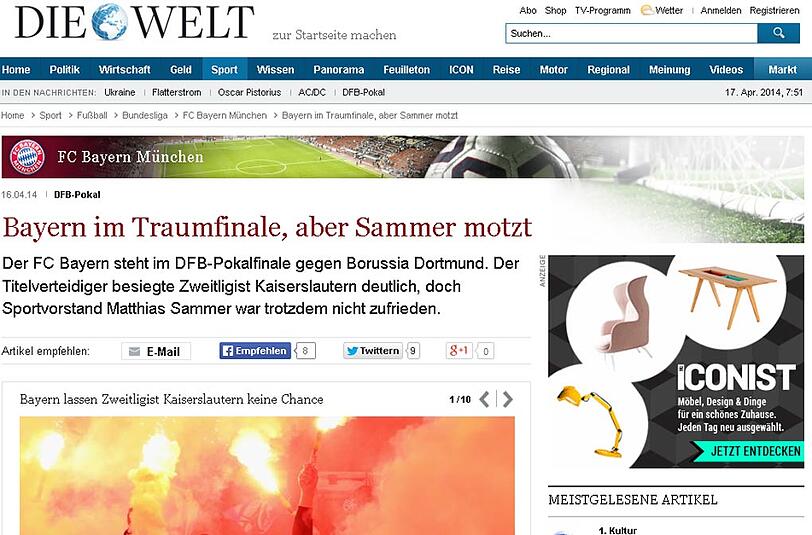 "Die Welt" kombiniert die Themen "Traumfinale" und Sammers Kritik zu einer Schlagzeile.