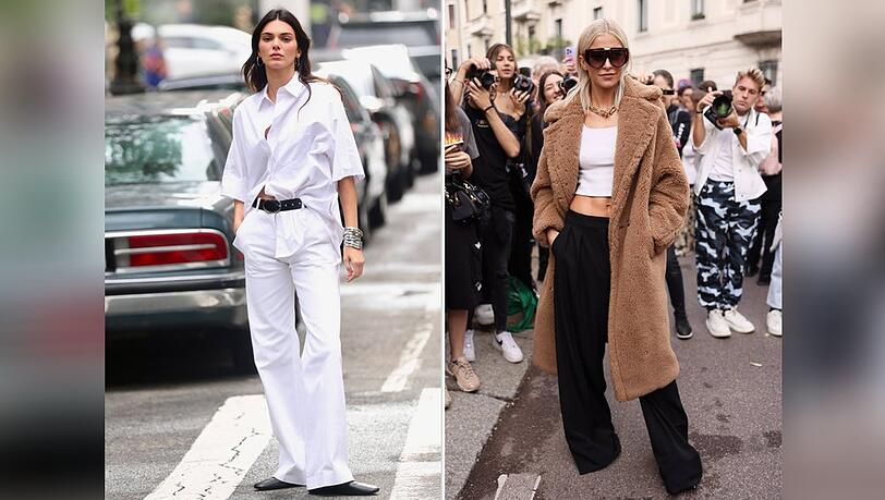 Kendall Jenner und Caro Daur zeigen, wie stilvoll Hosen mit weitem Bein im Alltag getragen werden k&ouml;nnen.