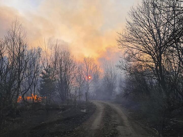 Rauchschwaden steigen von einem Waldbrand in der radioaktiv belasteten Sperrzone um das Kernkraftwerk Tschernobyl auf.