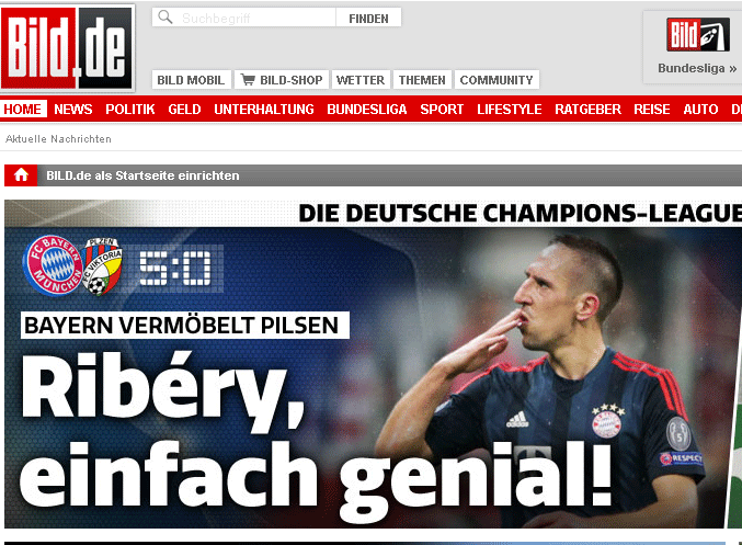 "Bayern vermöbelt Pilsen": Bei Bild.de steht die ausgezeichnete Leistung von Franck Ribery im Mittelpunkt.