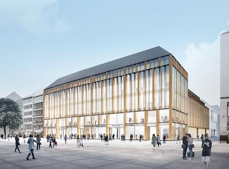 Das Joseph-Pschorr-Haus in der Übersicht: Links zieht "Forever 21" ein, in die Mitte Sportscheck und rechts Mango. Foto: Bayerische Hausbau
