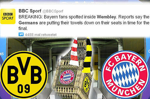 BBC Sporf schreibt: "Eilmeldung: Bayern-Fans im Wembley Stadion gesichtet. Berichten zufolge besetzen die Deutschen jetzt schon mal ihre Plätze mit Handtüchern."