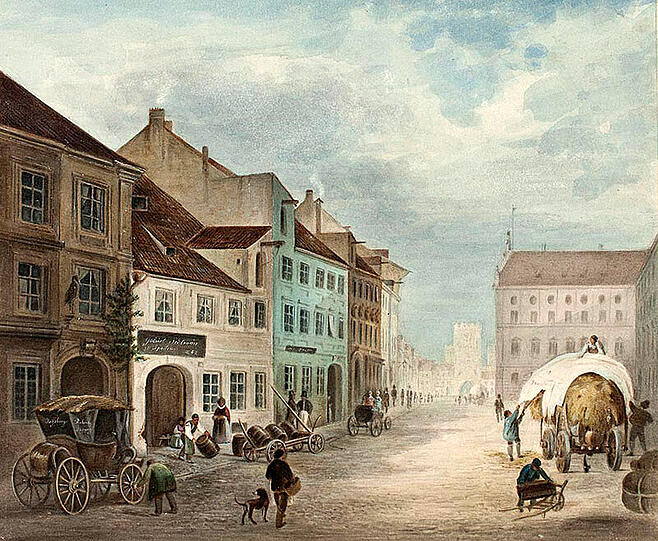 Die Keimzelle der Spaten-Brauerei (weißes Haus links) in der Neuhauser Gasse 4 nach einem 1840 entstandenen Ölgemälde von J. Kirchmair. Hinten ist der große (und heute verschwundene) Mittelturm des Karlstors zu sehen. Die Keimzelle der Spaten-Brauerei (weißes Haus links) in der Neuhauser Gasse 4 nach einem 1840 entstandenen Ölgemälde von J. Kirchmair. Hinten ist der große (und heute verschwundene) Mittelturm des Karlstors zu sehen.