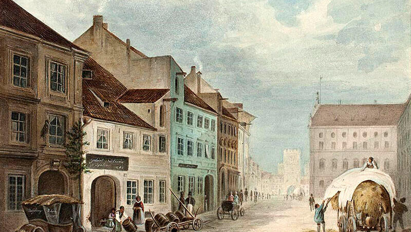 Die Keimzelle der Spaten-Brauerei (weißes Haus links) in der Neuhauser Gasse 4 nach einem 1840 entstandenen Ölgemälde von J. Kirchmair. Hinten ist der große (und heute verschwundene) Mittelturm des Karlstors zu sehen. Die Keimzelle der Spaten-Brauerei (weißes Haus links) in der Neuhauser Gasse 4 nach einem 1840 entstandenen Ölgemälde von J. Kirchmair. Hinten ist der große (und heute verschwundene) Mittelturm des Karlstors zu sehen.