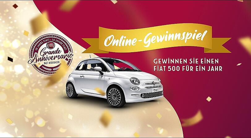 Gewinnspiel: Fiat 500 ein Jahr lang kostenlos fahren. Häusler übernimmt für diesen Zeitraum die monatlichen Leasingraten, Kfz-Steuern sowie die Versicherungsprämie. Jetzt mitmachen!